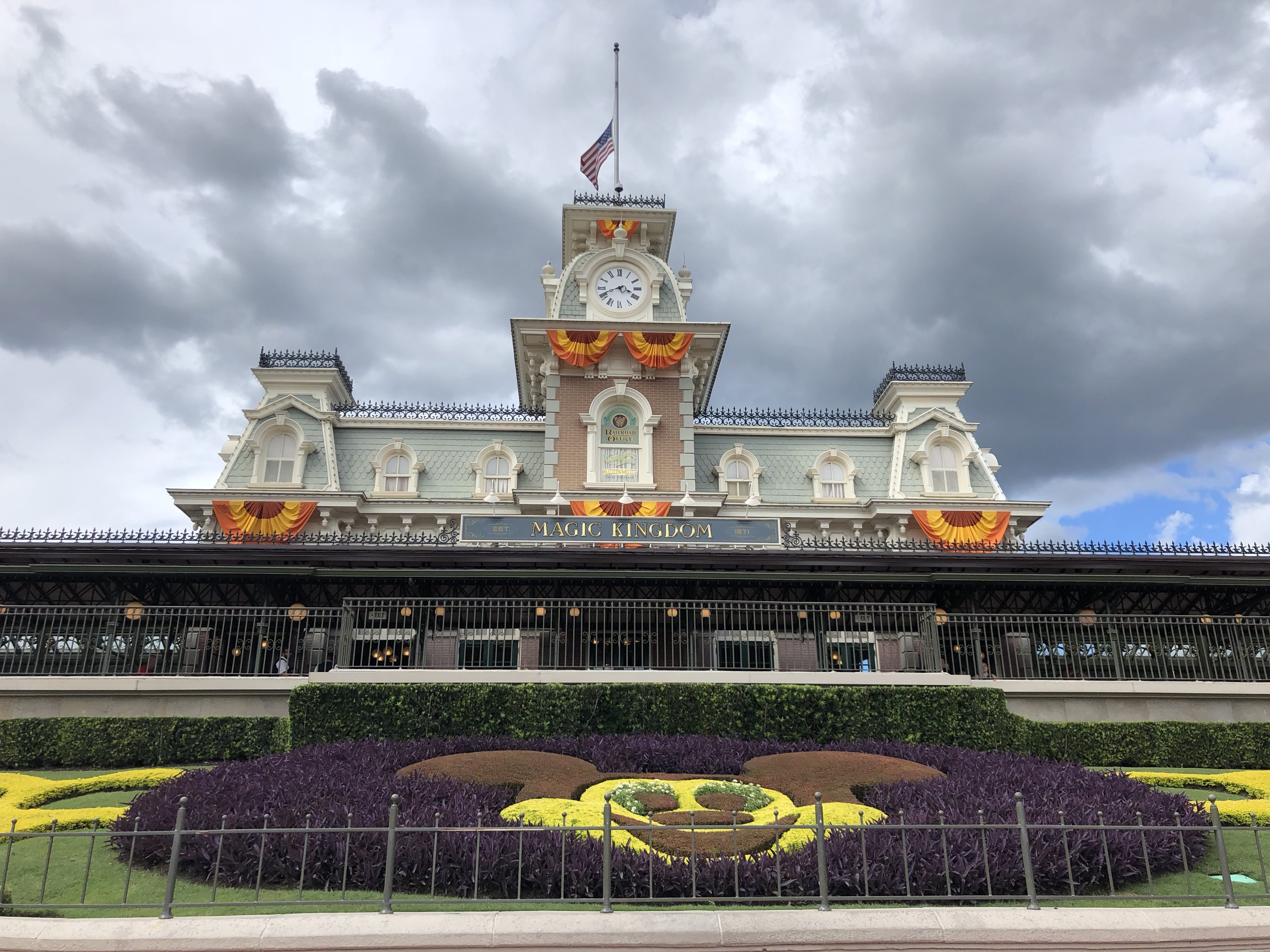 rain clouds abouve the train station at the entrance to the Magic Kingsom at Walt Disney World