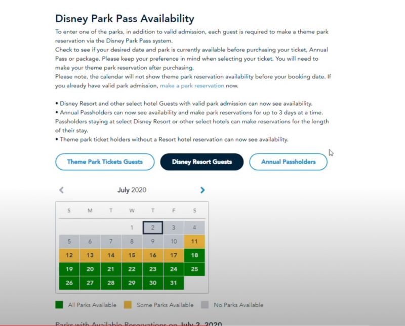 Park Pass My Disney Experience Availability